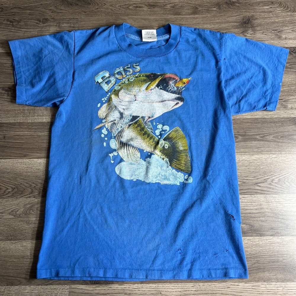 VTG Bass Fishing T Shirt Fits Medium Thrashed Distressed 1980s Fish‎ Made in USA